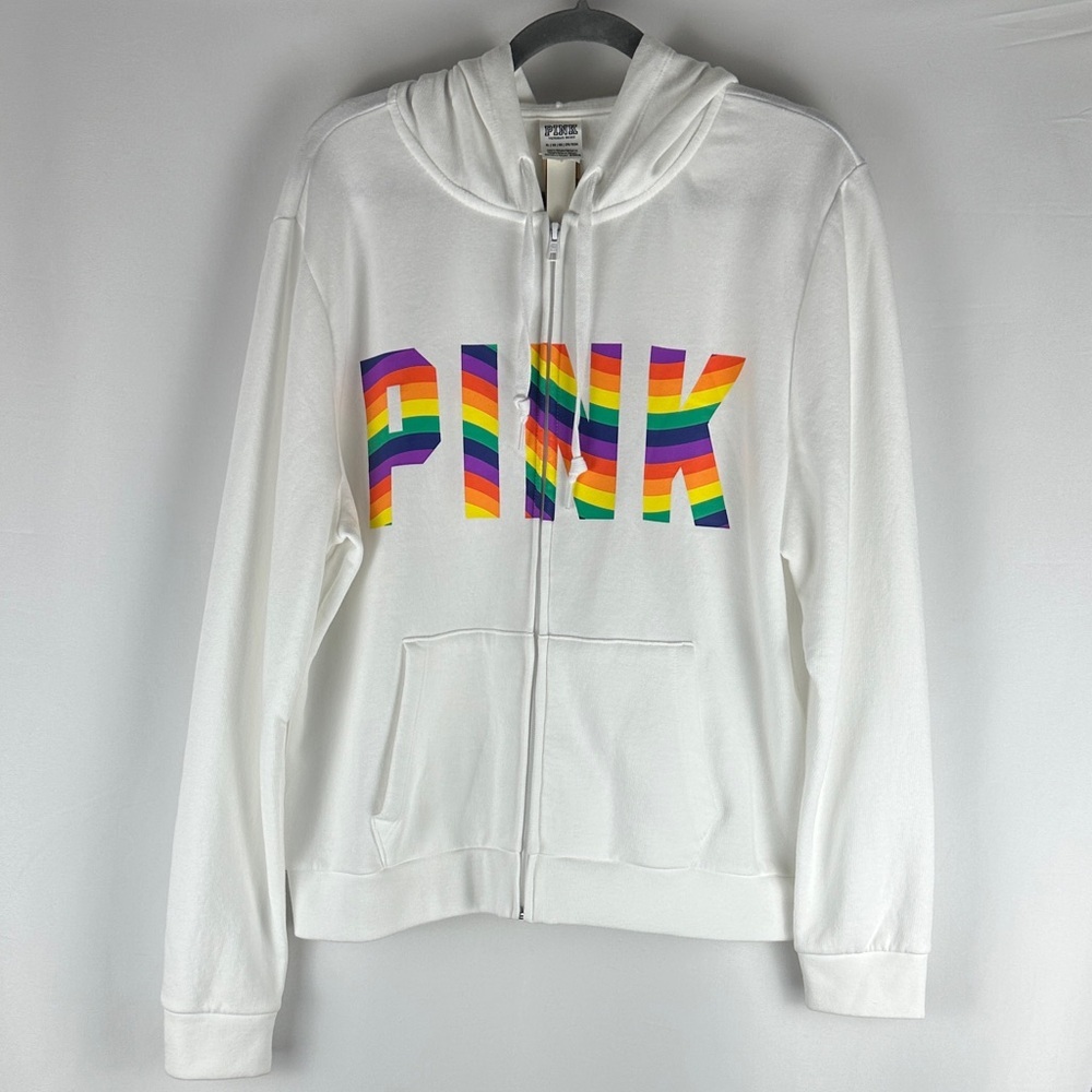PINK Victoria’s Secret White Rainbow Full Zip Sweater Hoodie XL NWT